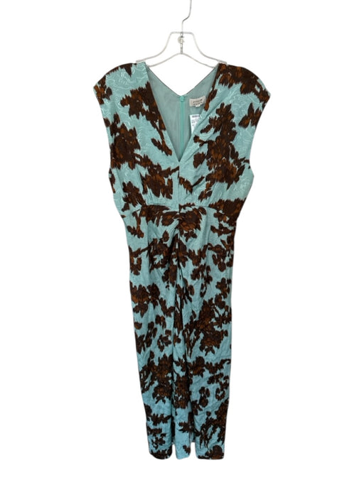Jigsaw Size 6 Sage & Brown Viscose Sleeveless Flowers V Neck Back Zip Dress Sage & Brown / 6