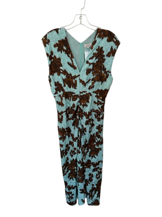 Jigsaw Size 6 Sage & Brown Viscose Sleeveless Flowers V Neck Back Zip Dress Sage & Brown / 6