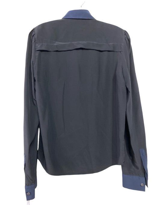 Derek Lam Size 4 Navy & Black Silk Long Sleeve Button Up Color Block Top Navy & Black / 4