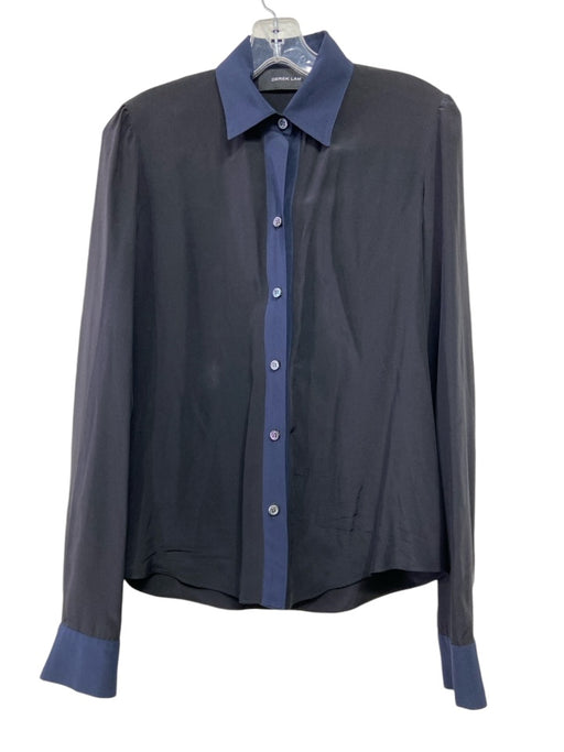 Derek Lam Size 4 Navy & Black Silk Long Sleeve Button Up Color Block Top Navy & Black / 4