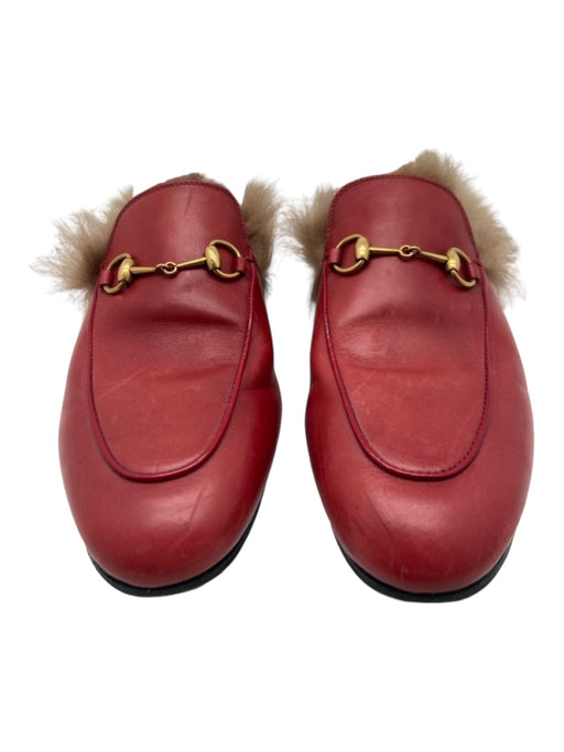 Gucci Shoe Size 38.5 Red Leather Fur Lining Almond Toe Slip On Horsebit Mules Red / 38.5