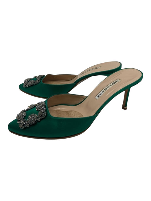 Manolo Blahnik Shoe Size 40 Green Satin Pointed Toe Rhinestone Pumps Green / 40