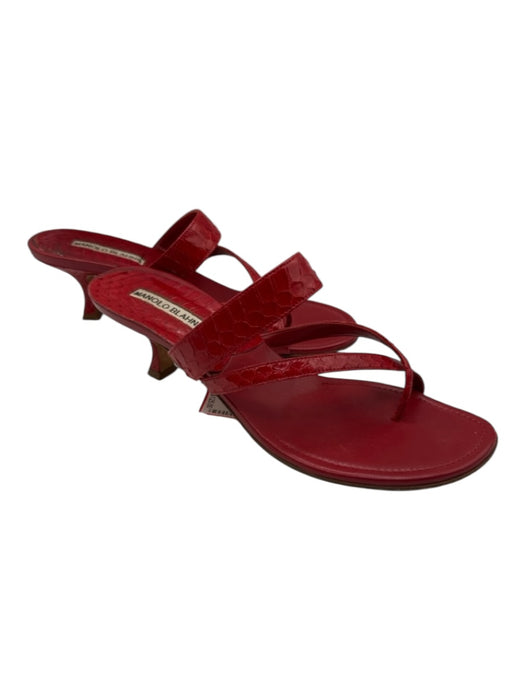 Manolo Blahnik Shoe Size 39 Red Embossed Leather Mule Kitten Heel Sandals Red / 39