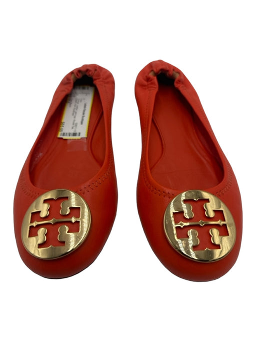 Tory Burch Shoe Size 7.5 Orange Leather gold logo Round Toe Elastic Heel Flats Orange / 7.5