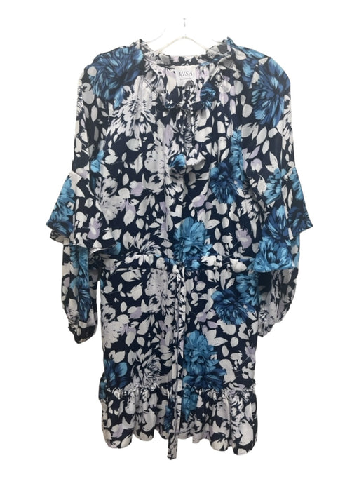 Misa Size Small Navy, Blue, White Viscose Long Balloon Sleeve Floral Dress Navy, Blue, White / Small