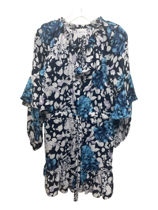 Misa Size Small Navy, Blue, White Viscose Long Balloon Sleeve Floral Dress Navy, Blue, White / Small