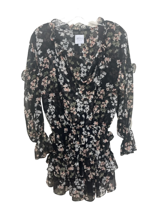 Misa Size XS Black, Peach & White Viscose Long Balloon Sleeve Floral Dress Black, Peach & White / XS