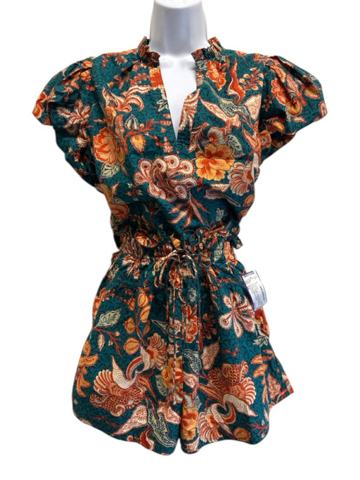 Ulla Johnson Size 4/8 Teal & Orange Cotton Floral Puff Cap Sleeve Short Set Teal & Orange / 4/8