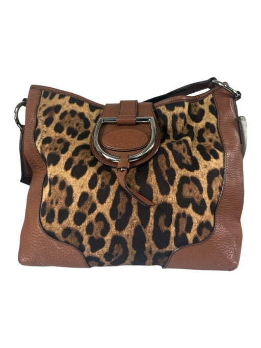 Dolce & Gabbana Brown & Multi Leather Canvas Cheetah Logo Pewter Hardware Bag Brown & Multi / Medium