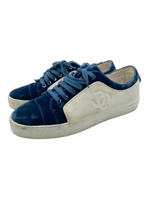 Chanel Shoe Size 39.5 White & Blue Rubber Velvet Logo Sneakers White & Blue / 39.5