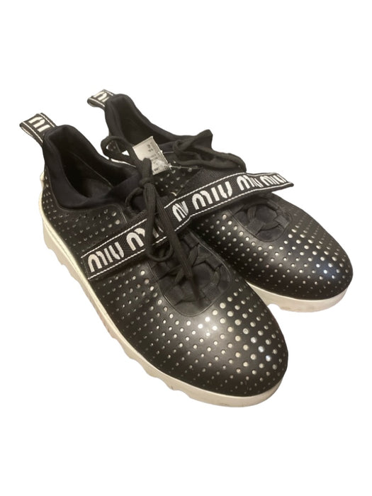 Miu Miu Shoe Size 40 Black & White Leather Perforated lace up Back Tab Sneakers Black & White / 40