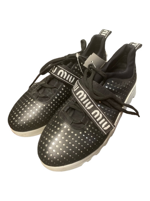 Miu Miu Shoe Size 40 Black & White Leather Perforated lace up Back Tab Sneakers Black & White / 40