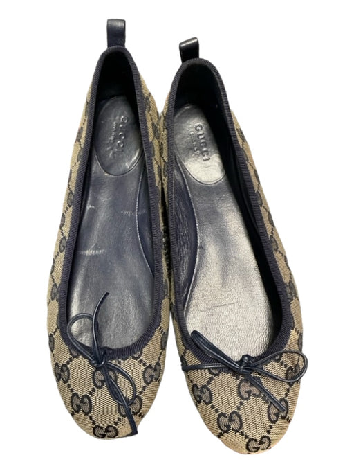 Gucci Shoe Size 38 Tan & Navy Canvas Flat Bow Detail Logo Round Toe Shoes Tan & Navy / 38