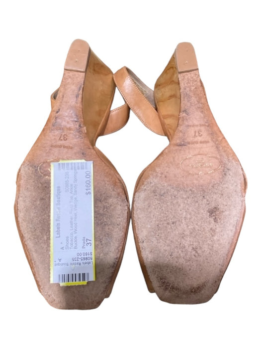Prada Shoe Size 37 Tobacco Leather Peep Toe Ankle Buckle Wood Heel Wedge Shoes Tobacco / 37