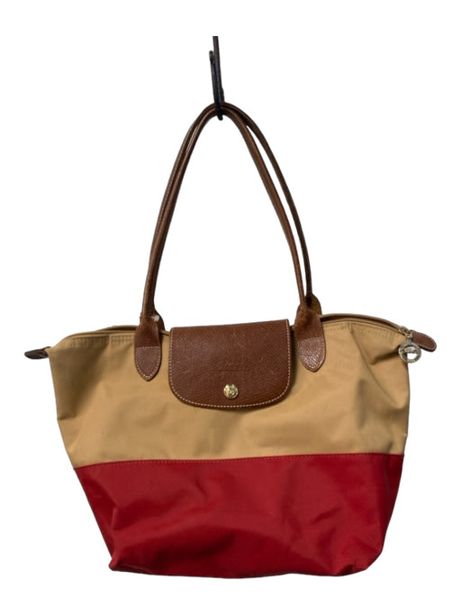 Longchamp Tan & Red Nylon Snap Closure Top Zip Two Handle Color Block Bag Tan & Red / Medium