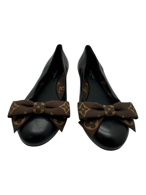 Louis Vuitton Shoe Size 38 Black & Brown Leather Fabric Bow Round Toe Flats Black & Brown / 38