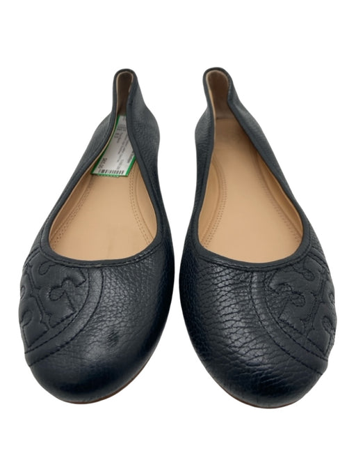 Tory Burch Shoe Size 8.5 Black Pebbled Leather round toe Stitched Logo Flats Black / 8.5