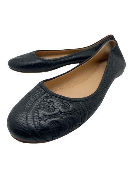 Tory Burch Shoe Size 8.5 Black Pebbled Leather round toe Stitched Logo Flats Black / 8.5