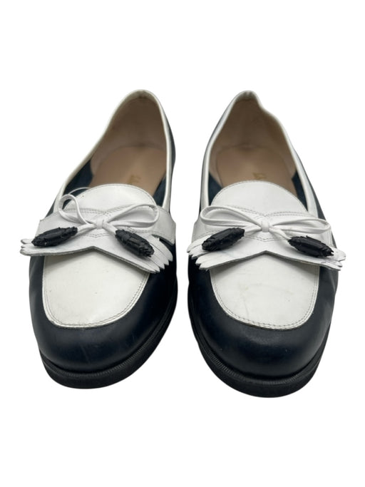 Salvatore Ferragamo Shoe Size 9.5 Navy Blue & White Leather Bow Low Heel Loafers Navy Blue & White / 9.5