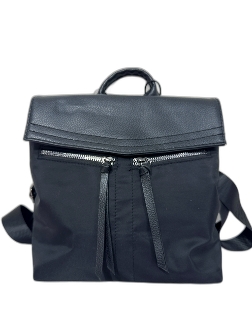 Botkier Black Nylon & Leather Zip Pockets Flap Backpack Bag Black / S