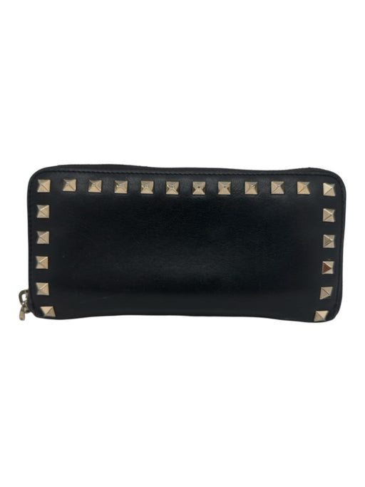 Valentino Garavani Black & Gold Leather Zip Close Rock Studs Continental Wallets Black & Gold