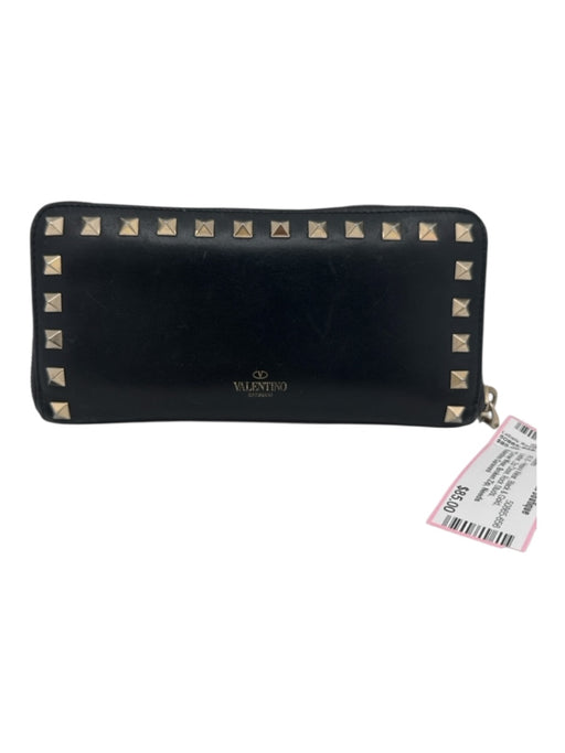Valentino Garavani Black & Gold Leather Zip Close Rock Studs Continental Wallets Black & Gold