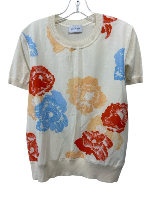 Salvatore Ferragamo Size L Cream & Multi Cotton & Silk Short Sleeve Knit Top Cream & Multi / L