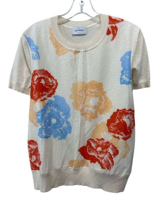 Salvatore Ferragamo Size L Cream & Multi Cotton & Silk Short Sleeve Knit Top Cream & Multi / L