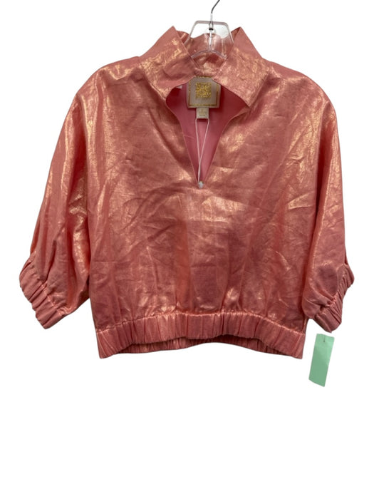 Emily McCarthy Size M Pink & Gold Linen Shimmer Puff Sleeve Elastic Trim Top Pink & Gold / M