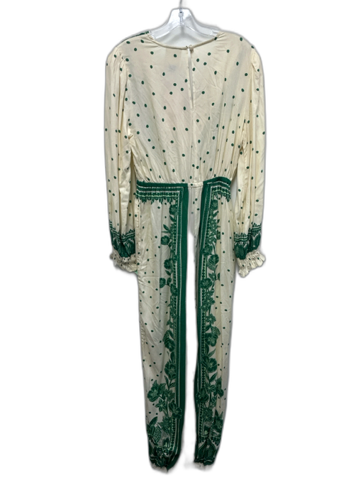 Farm Rio Size S Cream & Green Viscose Long Sleeve Floral & Polka Dot Jumpsuit Cream & Green / S