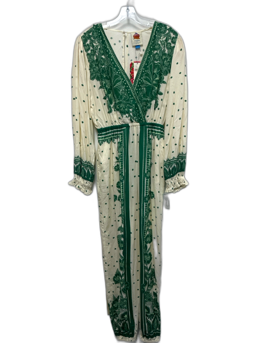 Farm Rio Size S Cream & Green Viscose Long Sleeve Floral & Polka Dot Jumpsuit Cream & Green / S