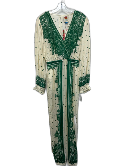 Farm Rio Size S Cream & Green Viscose Long Sleeve Floral & Polka Dot Jumpsuit Cream & Green / S