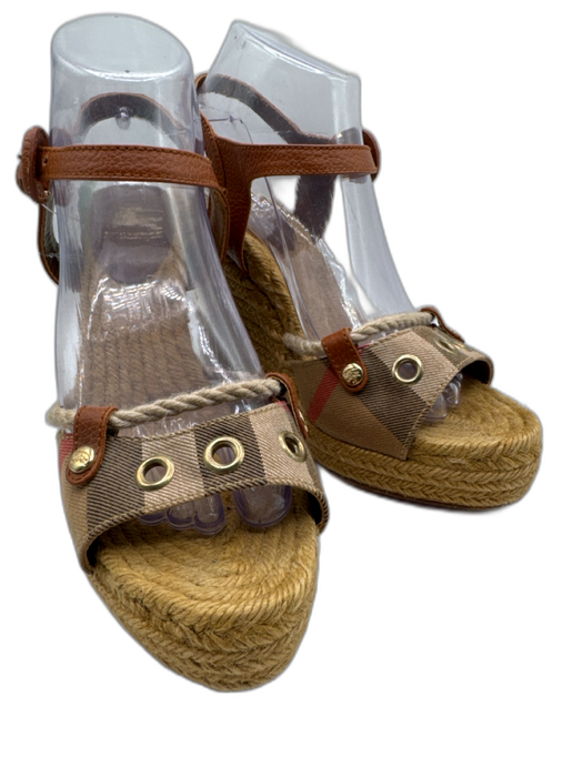 Burberry Shoe Size 40 Tan, Brown, Red Canvas Leather Nova Check Rope Wedges Tan, Brown, Red / 40
