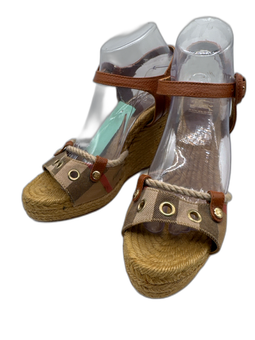 Burberry Shoe Size 40 Tan, Brown, Red Canvas Leather Nova Check Rope Wedges Tan, Brown, Red / 40