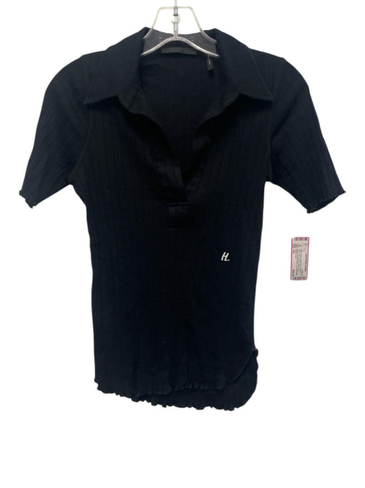 Helmut Lang Size XS Black Cotton Ribbed Knit Collared V Neck Short Sleeve Top Black / XS