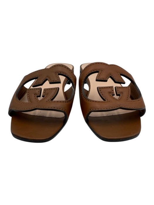 Gucci Shoe Size 36 Tan Brown Leather Upper Interlocking GG Cutout Slide Sandals Tan Brown / 36