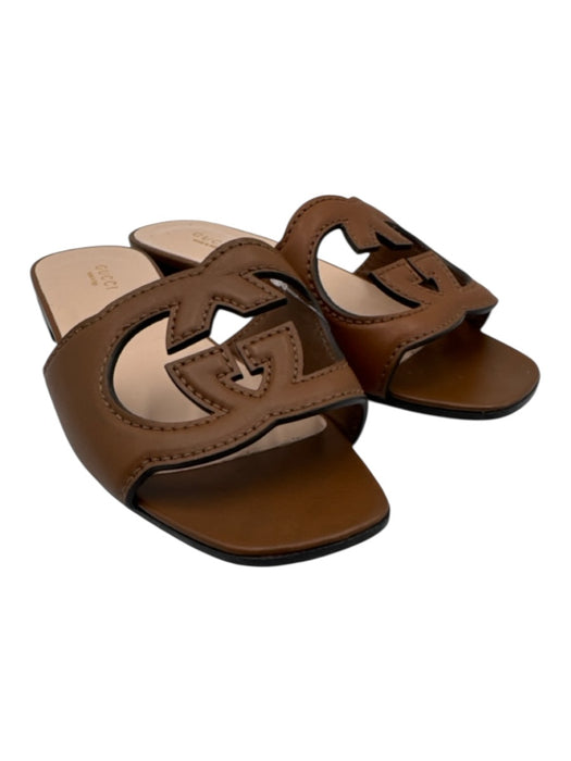 Gucci Shoe Size 36 Tan Brown Leather Upper Interlocking GG Cutout Slide Sandals Tan Brown / 36