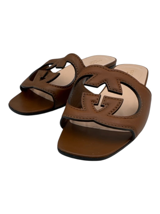 Gucci Shoe Size 36 Tan Brown Leather Upper Interlocking GG Cutout Slide Sandals Tan Brown / 36