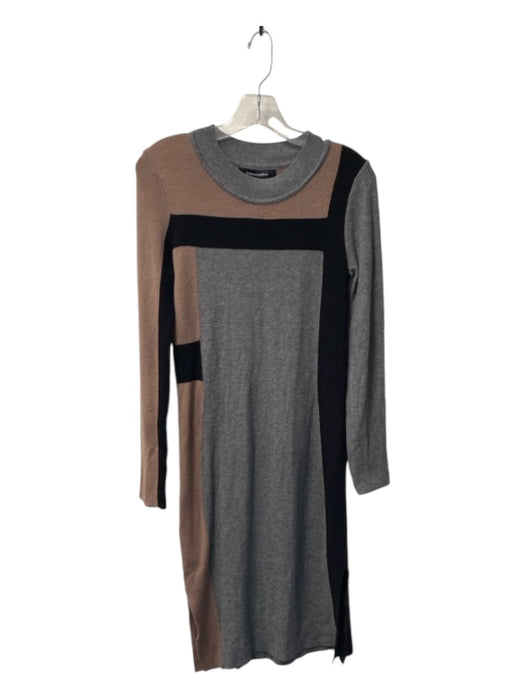 BCBG Maxazria Size M brown grey & black Rayon Blend Round Neck Long Sleeve Dress brown grey & black / M