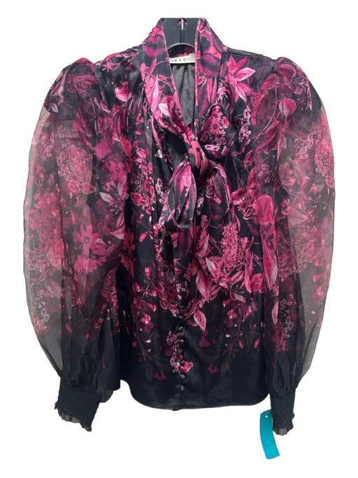 Alice + Olivia Size XS Black & Pink Viscose Blend Button Front Floral Top Black & Pink / XS