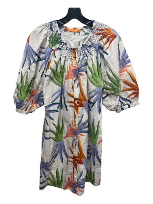 Oliphant Size XS Blue, White & Multi Cotton 1/2 Sleeve Floral Button Up Dress Blue, White & Multi / XS