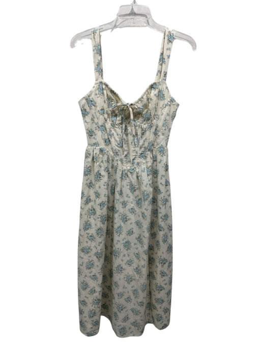 Storia Size S Cream White & Blue Cotton Floral Sleeveless Front Slit Dress Cream White & Blue / S
