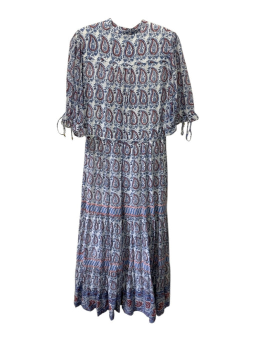 Oliphant Size XS White, Blue & Red Cotton Paisley Short Sleeve Ruffle Trim Dress White, Blue & Red / XS