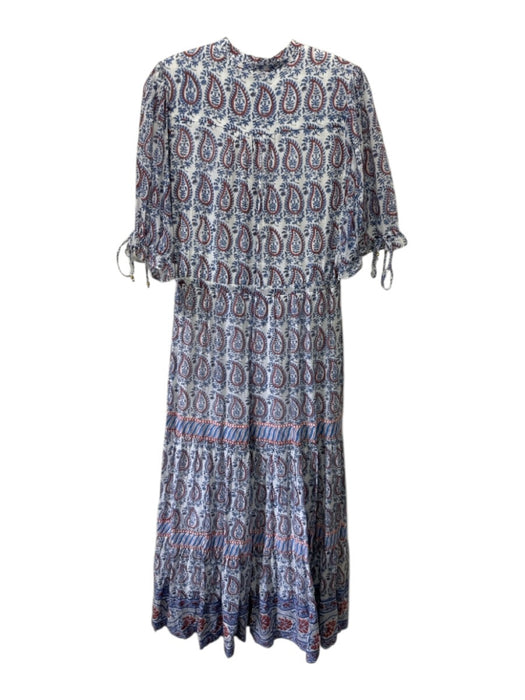 Oliphant Size XS White, Blue & Red Cotton Paisley Short Sleeve Ruffle Trim Dress White, Blue & Red / XS