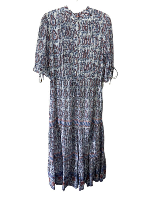 Oliphant Size XS White, Blue & Red Cotton Paisley Short Sleeve Ruffle Trim Dress White, Blue & Red / XS