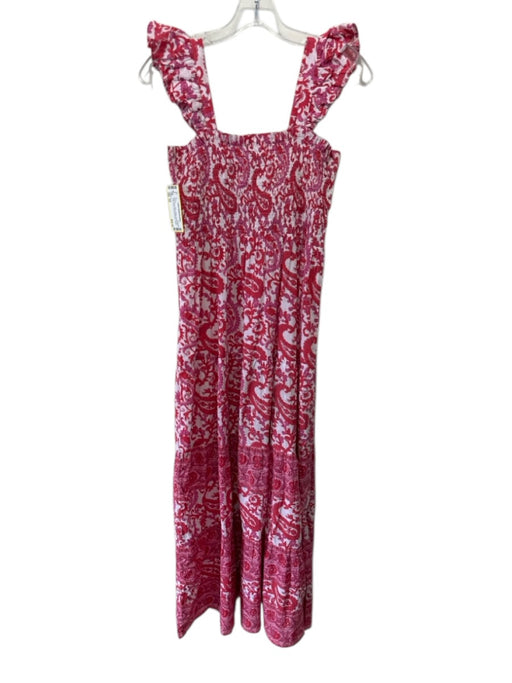 Bindu Size XS Red, Pink & White Cotton Paisley Print Ruffle Straps Tiered Dress Red, Pink & White / XS