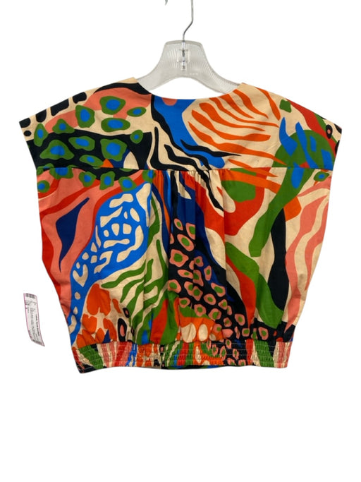 Ciebon Size S Beige & Multi Cotton Cap Sleeve Abstract Print Pleated V Neck Top Beige & Multi / S