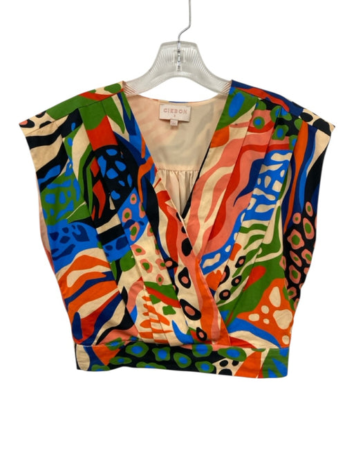 Ciebon Size S Beige & Multi Cotton Cap Sleeve Abstract Print Pleated V Neck Top Beige & Multi / S