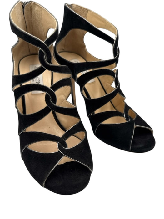Jimmy Choo Shoe Size 39 Black Leather Upper Suede Caged Back Zip Sandals Black / 39