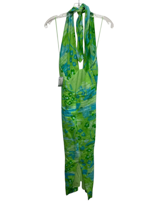 Rhode Size 2 Green & Blue Linen Criss Cross Abstract Halter Midi Dress Green & Blue / 2